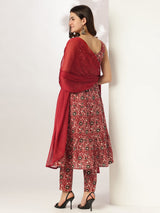 Women's Maroon Pure Cotton Floral Printed Tiered Kurta Set