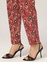 Women's Maroon Pure Cotton Floral Printed Tiered Kurta Set