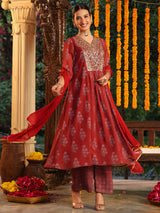 Women's Maroon Georgette Yoke Embroidered Ajrakh Printed A-line Kurta Set With Dupatta