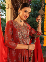Women's Maroon Georgette Yoke Embroidered Ajrakh Printed A-line Kurta Set With Dupatta