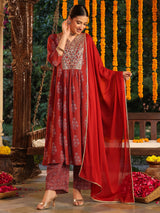 Women's Maroon Georgette Yoke Embroidered Ajrakh Printed A-line Kurta Set With Dupatta