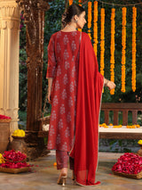 Women's Maroon Georgette Yoke Embroidered Ajrakh Printed A-line Kurta Set With Dupatta