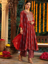 Women's Maroon Georgette Yoke Embroidered Ajrakh Printed A-line Kurta Set With Dupatta