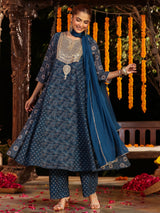 Women's Dark Blue Georgette Ajrakh Printed Embellished Anarkali Kurta Set With Dupatta