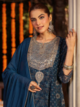 Women's Dark Blue Georgette Ajrakh Printed Embellished Anarkali Kurta Set With Dupatta