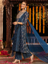 Women's Dark Blue Georgette Ajrakh Printed Embellished Anarkali Kurta Set With Dupatta