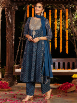Women's Dark Blue Georgette Ajrakh Printed Embellished Anarkali Kurta Set With Dupatta