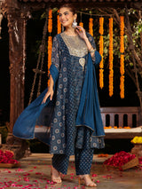 Women's Dark Blue Georgette Ajrakh Printed Embellished Anarkali Kurta Set With Dupatta