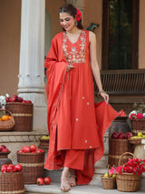 Women's Rust Pure Cotton Embroidered A-line Kurta Set With Dupatta