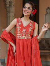Women's Rust Pure Cotton Embroidered A-line Kurta Set With Dupatta