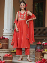 Women's Rust Pure Cotton Embroidered A-line Kurta Set With Dupatta