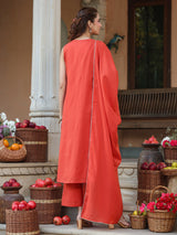 Women's Rust Pure Cotton Embroidered A-line Kurta Set With Dupatta