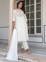 Women's Off White Pure Cotton Yoke Embroidered A-line Kurta Set With Dupatta