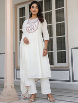 Women's Off White Pure Cotton Yoke Embroidered A-line Kurta Set With Dupatta