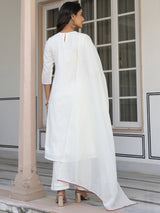Women's Off White Pure Cotton Yoke Embroidered A-line Kurta Set With Dupatta