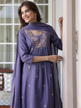 Women's Purple Pure Cotton Embroidered A-line Kurta Set With Dupatta