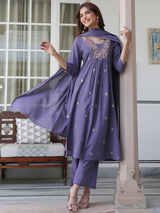 Women's Purple Pure Cotton Embroidered A-line Kurta Set With Dupatta
