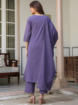 Women's Purple Pure Cotton Embroidered A-line Kurta Set With Dupatta