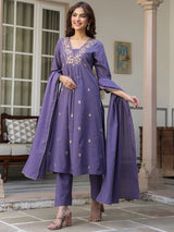 Women's Purple Pure Cotton Embroidered A-line Kurta Set With Dupatta