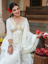 Women's Off White Pure Cotton Embroidered A-line Kurta Set With Dupatta