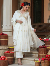 Women's Off White Pure Cotton Embroidered A-line Kurta Set With Dupatta