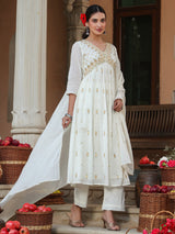 Women's Off White Pure Cotton Embroidered A-line Kurta Set With Dupatta