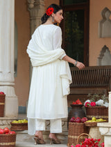 Women's Off White Pure Cotton Embroidered A-line Kurta Set With Dupatta