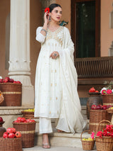 Women's Off White Pure Cotton Embroidered A-line Kurta Set With Dupatta