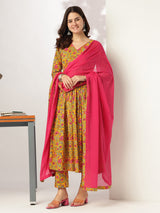 Women's Yellow Pure Cotton Floral Printed Angrakha Kurta Set With Dupatta