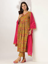 Women's Yellow Pure Cotton Floral Printed Angrakha Kurta Set With Dupatta