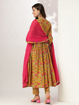 Women's Yellow Pure Cotton Floral Printed Angrakha Kurta Set With Dupatta
