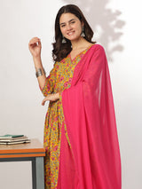 Women's Yellow Pure Cotton Floral Printed Angrakha Kurta Set With Dupatta