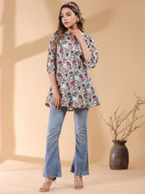 Women's Beige Pure Cotton Floral Printed Straight Tunic