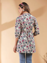 Women's Beige Pure Cotton Floral Printed Straight Tunic