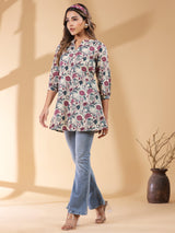 Women's Beige Pure Cotton Floral Printed Straight Tunic