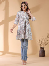 Women's Off White Pure Cotton Floral Printed A-line Tunic