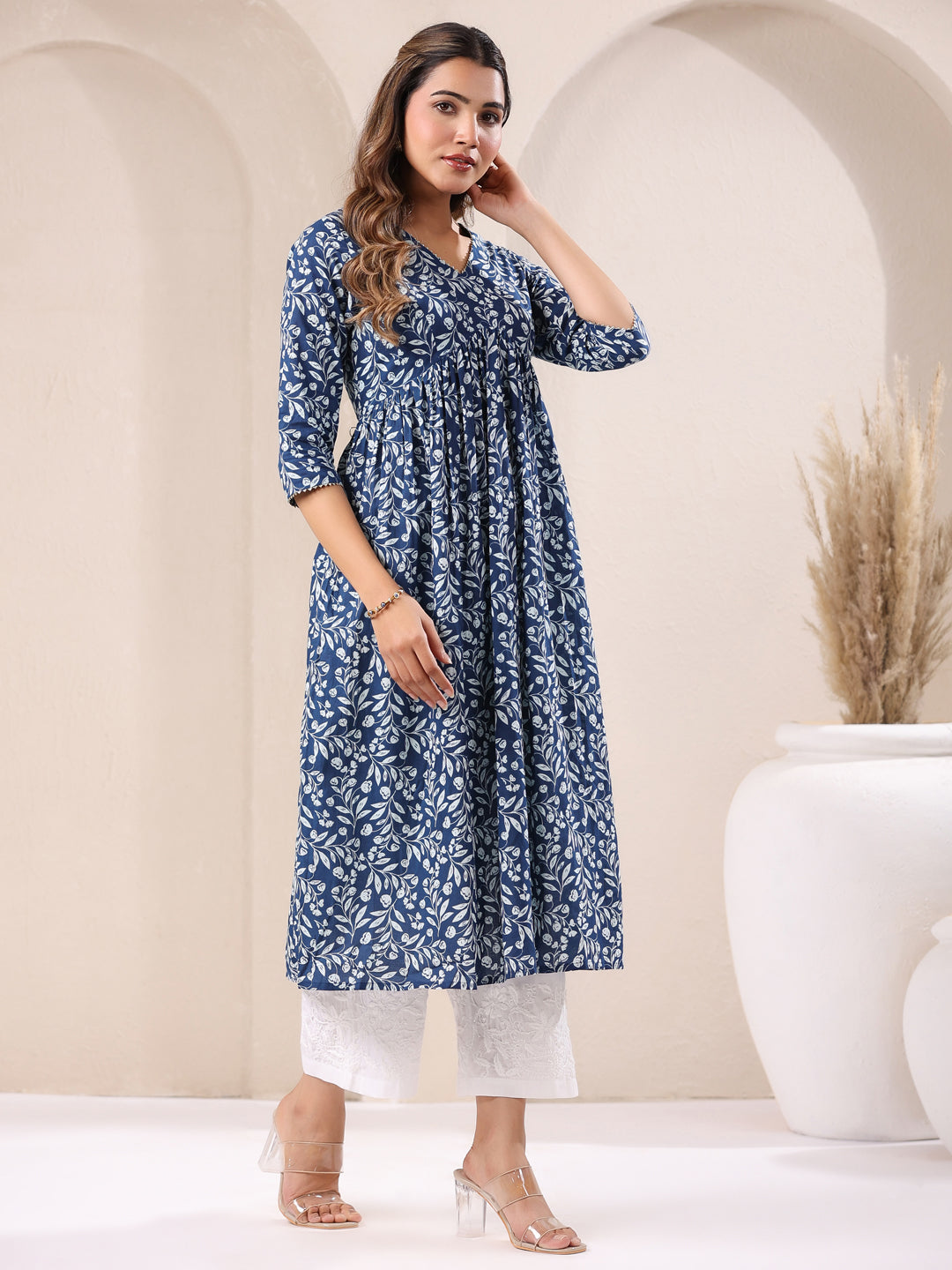 Women's Blue Pure Cotton Floral Printed A-line Kurta