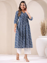 Women's Blue Pure Cotton Floral Printed A-line Kurta