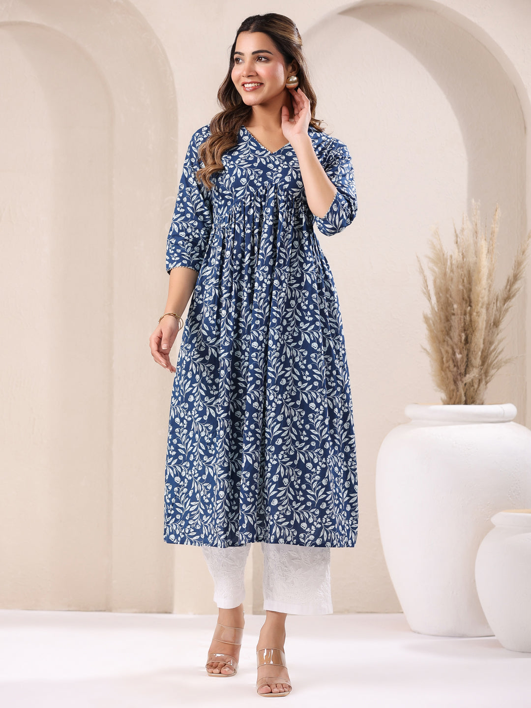 Women's Blue Pure Cotton Floral Printed A-line Kurta