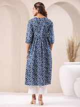 Women's Blue Pure Cotton Floral Printed A-line Kurta
