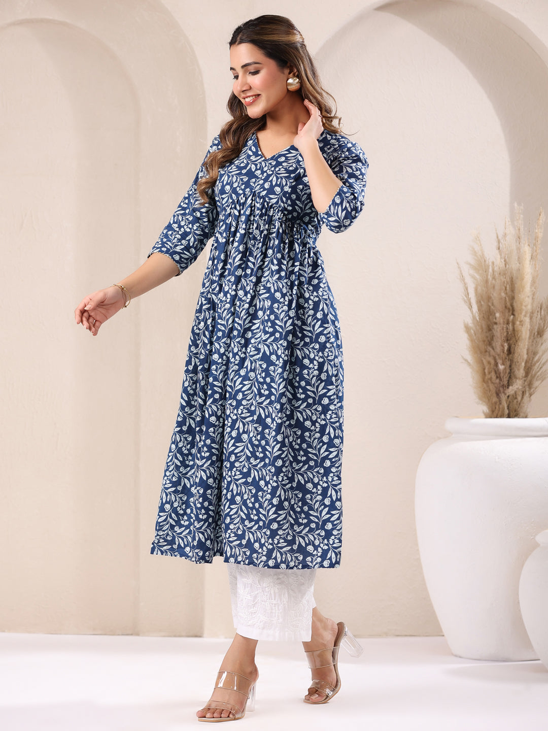 Women's Blue Pure Cotton Floral Printed A-line Kurta