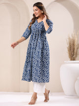 Women's Blue Pure Cotton Floral Printed A-line Kurta