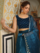 Women's Teal Blue Organza Zari Embroidered Kali Lehenga Choli With Dupatta Set