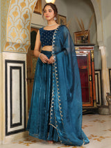 Women's Teal Blue Organza Zari Embroidered Kali Lehenga Choli With Dupatta Set