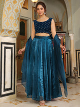 Women's Teal Blue Organza Zari Embroidered Kali Lehenga Choli With Dupatta Set