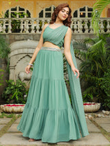 Women's Sage Green Georgette Embellished Tiered Lehenga Choli Set