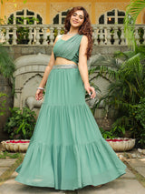 Women's Sage Green Georgette Embellished Tiered Lehenga Choli Set