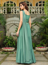 Women's Sage Green Georgette Embellished Tiered Lehenga Choli Set