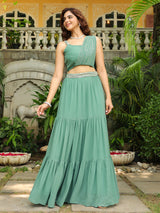 Women's Sage Green Georgette Embellished Tiered Lehenga Choli Set