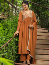 Women's Brown Georgette Yoke Embroidered A-line Kurta Set With Dupatta